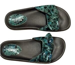 Messeca Teal Snake Print Knotted Bow Slide Sandal Heels Size 7